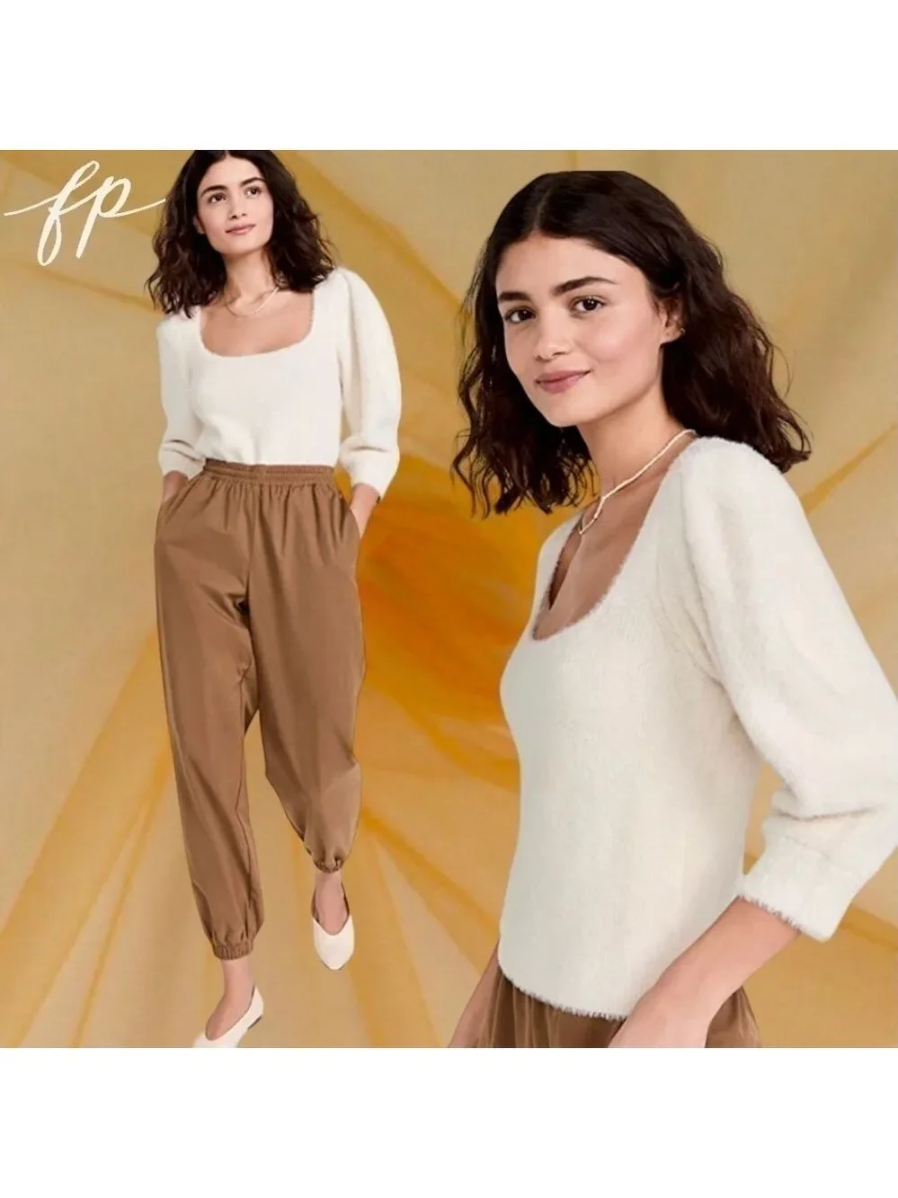 FREE PEOPLE NWT Moonbeam Fuzzy 3/4 Puff Sleeve Cropped Scoop Neck Sweater/Lg